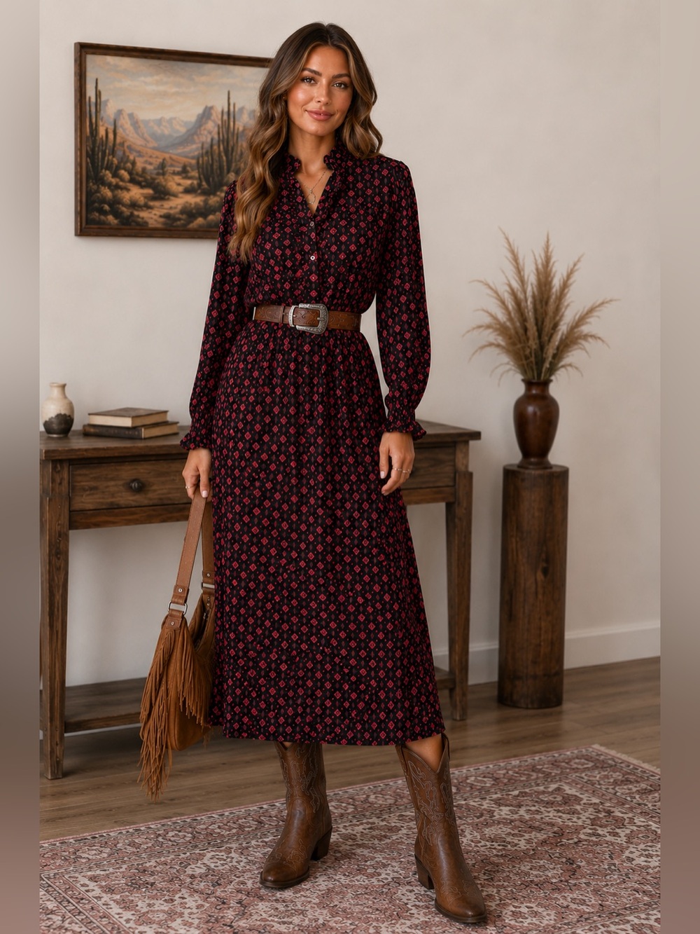 Maggy London 100% Silk Long Sleeve Ruffle Neck Printed Midi Dress Western Retro